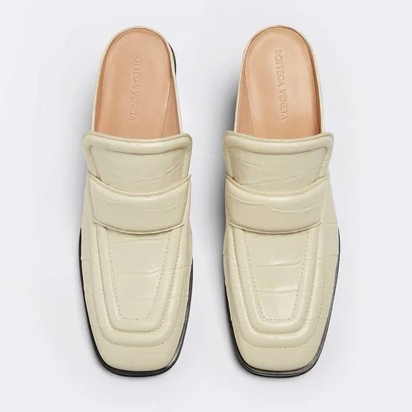 Bottega Veneta Croc Embossed Square Toe Slip On Loafer Mules Heels